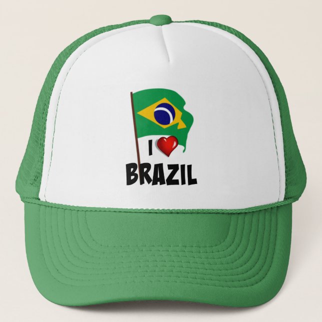 I Love Brazil, flag of Brazil waving Trucker Hat (Front)