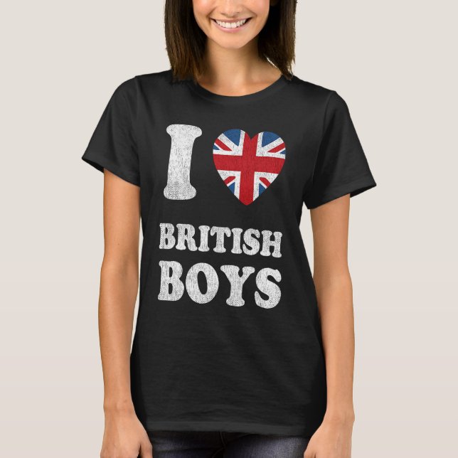 I Love British Boys UK Union Jack Heart Flag T-Shirt (Front)