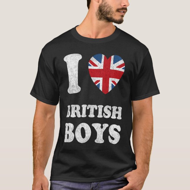 I Love British Boys UK Union Jack Heart Flag T-Shirt (Front)