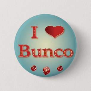 I Love Bunco in Red with red dice 6 Cm Round Badge