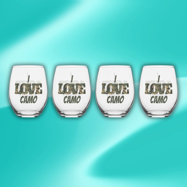 I Love Camouflage Green Brown | Stemless Wine Glass (Creator Uploaded)