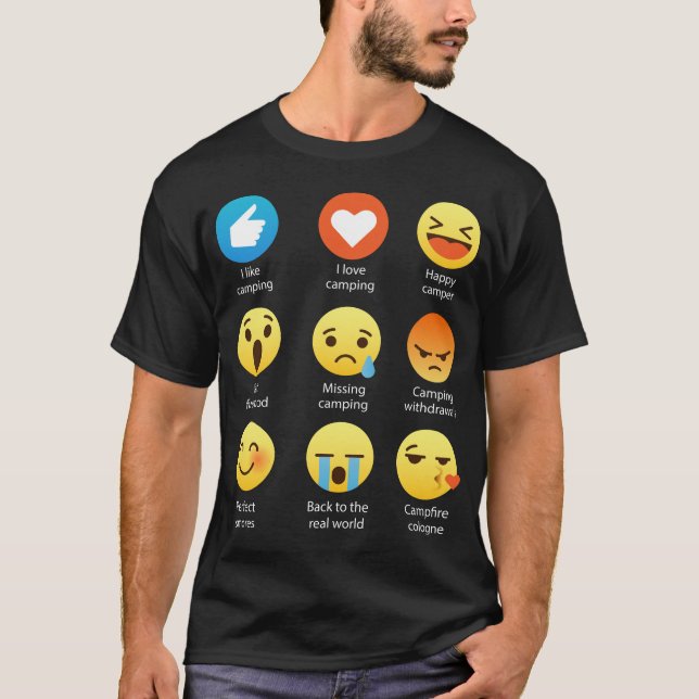 I Love Camping Happy Camper Emoji Emoticon Tee (Front)