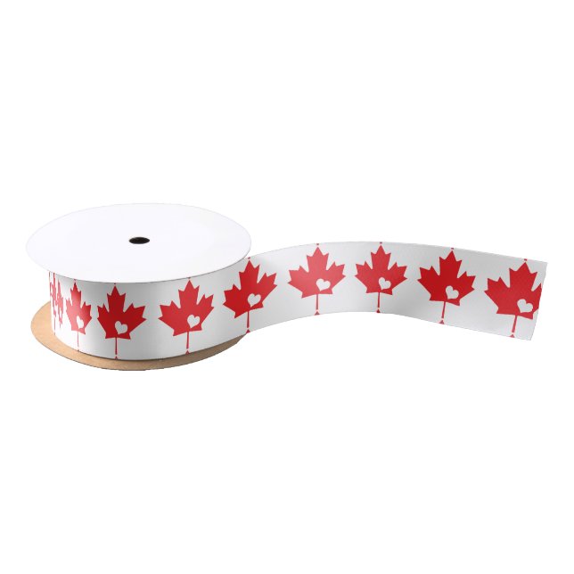 I Love Canada - Canadian Pride Maple Leaf Heart Satin Ribbon (Spool)