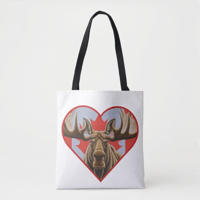 I Love Canada -Proud Canadian Moose and Maple Leaf Tote Bag (Front)