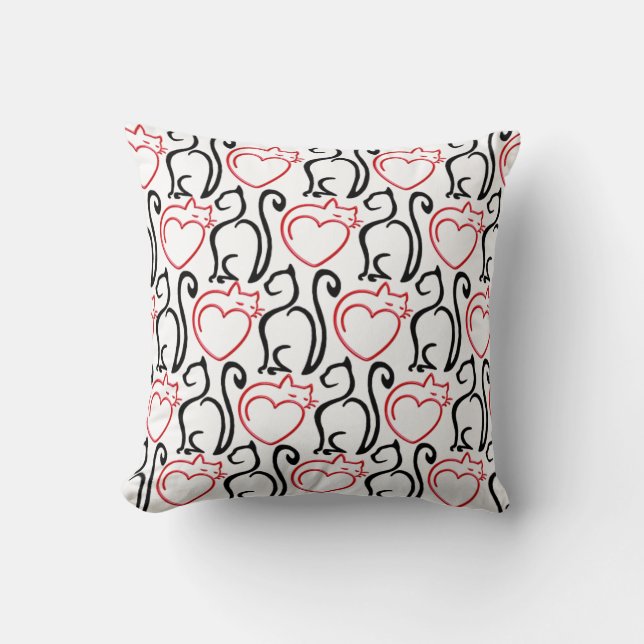I Love Cats! - Black and Red Outlines on White Cushion (Front)