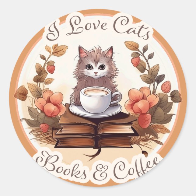 I Love Cats, Books and Coffee Classic Round Sticker (Front)