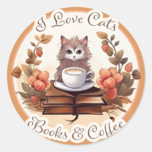 I Love Cats, Books and Coffee Classic Round Sticker