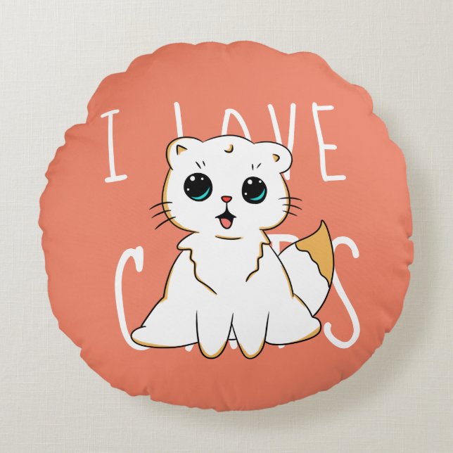 I Love Cats - Colourful Round Pillow (Front)