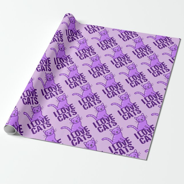 I Love Cats Purple Wrapping Paper (Unrolled)