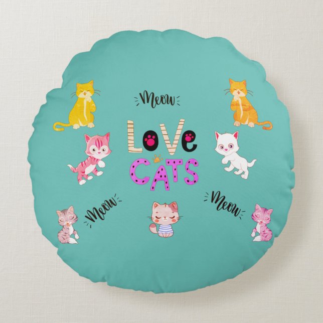 "I Love Cats" Round Pillow (Front)