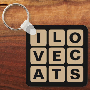 I Love Cats Tan and Black Letter Blocks Button Key Ring