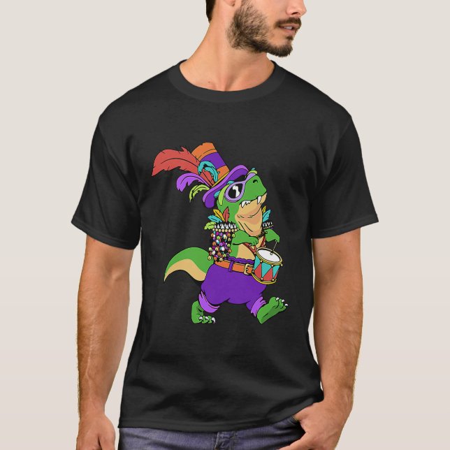 I Love Celebrating Mardi Gras Marching Dinosaur Pa T-Shirt (Front)