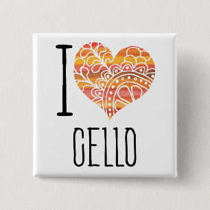 I Love Cello Orange Mandala Heart 15 Cm Square Badge