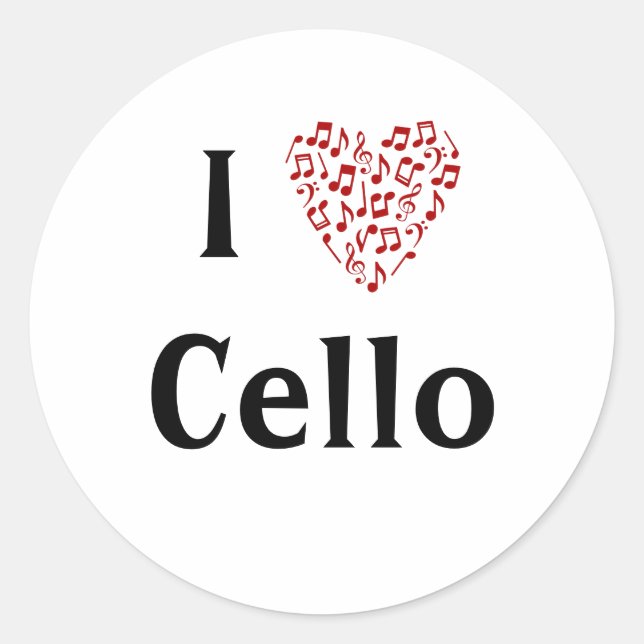 I Love Cello Red Heart of Music Notes Classic Round Sticker (Front)