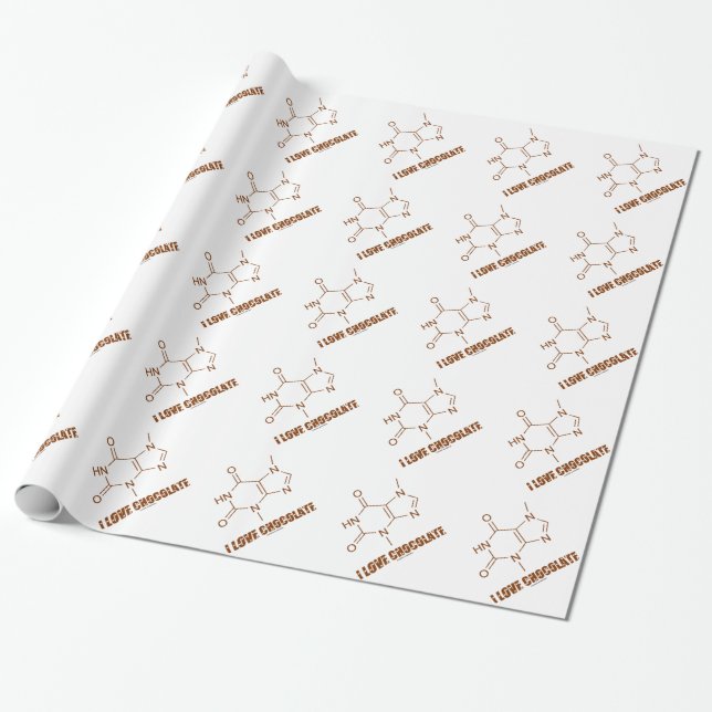 I Love Chocolate (Theobromine Chemical Molecule) Wrapping Paper (Unrolled)