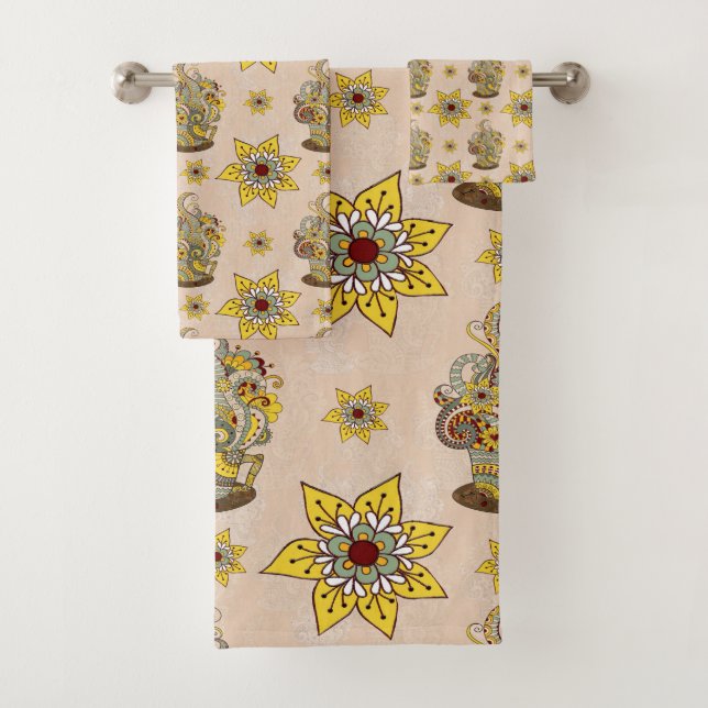 I love Coffee  and Yellow flowers Bath Towel Set (Insitu)