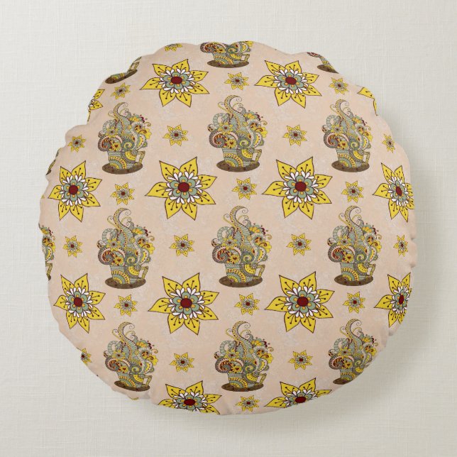 I love Coffee  and Yellow flowers Round Cushion (Front)