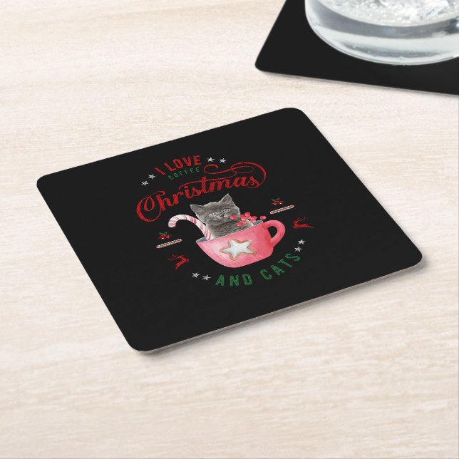i love Coffee Christmas and Cats Joyful Greetings Square Paper Coaster (Angled)