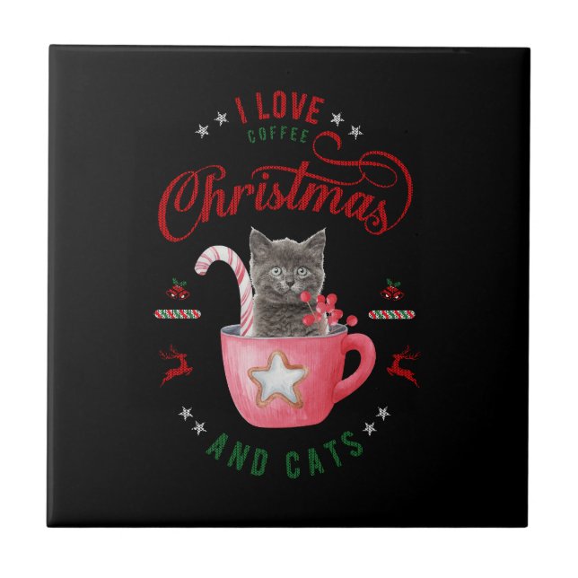 i love Coffee Christmas and Cats Joyful Greetings Tile (Front)