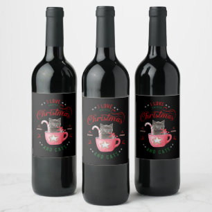 i love Coffee Christmas and Cats Joyful Greetings Wine Label