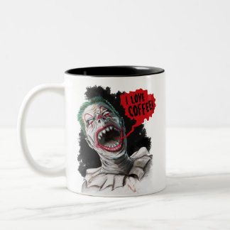 I Love Coffee Crazy Laughing Zombie Clown Two-Tone Coffee Mug