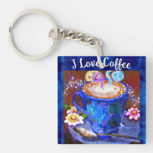 I Love Coffee Whimsical Abstract Painting Floral Key Ring