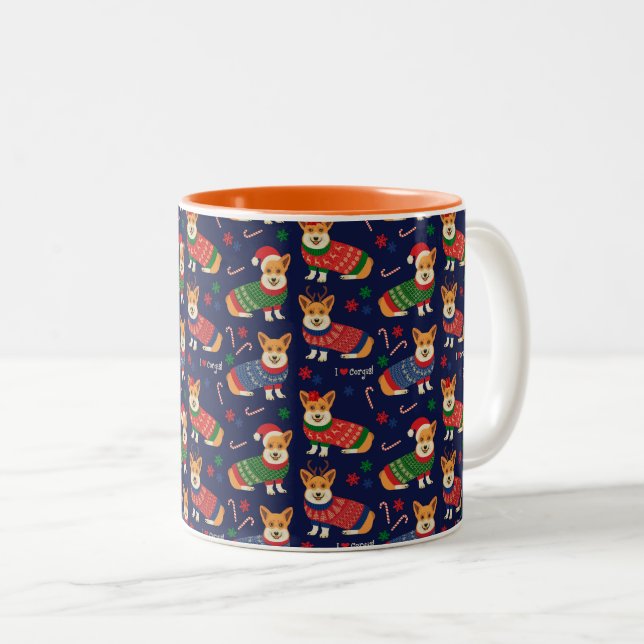 I Love Corgis Christmas Sweater Two-Tone Coffee Mug (Front Right)
