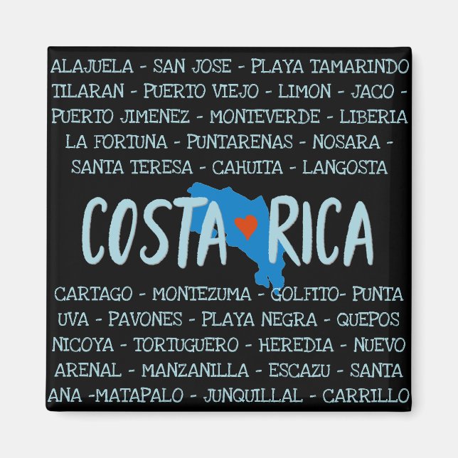 I Love Costa Rica Map Names of Cities Souvenir Magnet (Front)