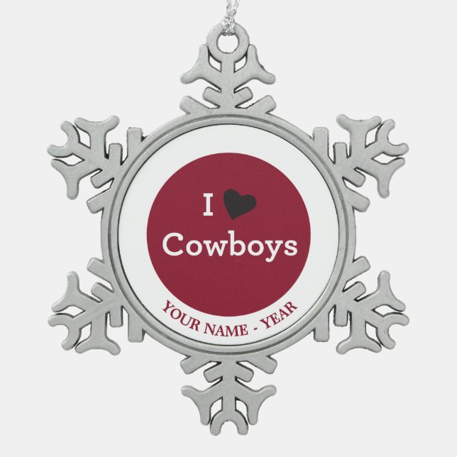 I Love Cowboys Snowflake Pewter Christmas Ornament (Front)