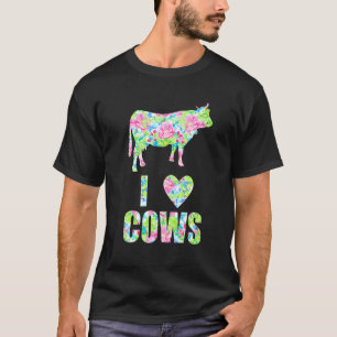 I Love Cows Colourful Flowers Pattern Heart Cow T-Shirt