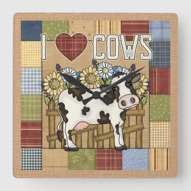 I Love Cows Country Patchwork Square Wall Clock (Front)