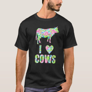 I Love Cows Pink Blue Flowers Pattern Heart Floral T-Shirt