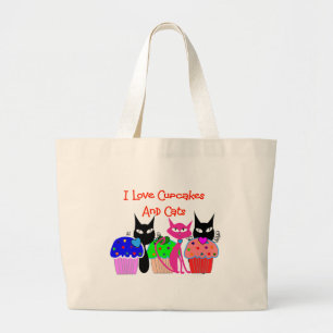 "I love cupcakes and cats"--Cupcake Lovers Gifts Large Tote Bag