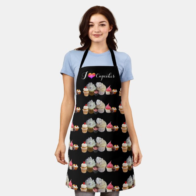 I LOVE CUPCAKES BIRTHDAY PARTY ,red pink black  Apron (Worn)