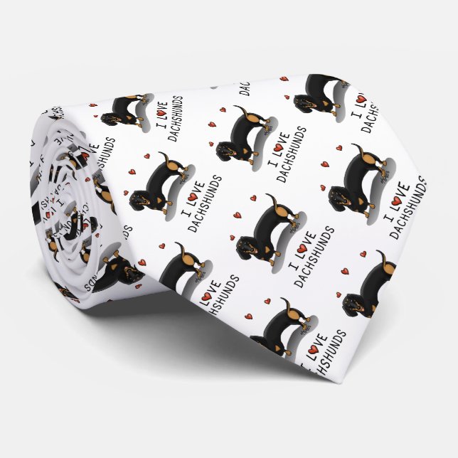 I Love Dachshunds (black and tan) Cute dog Tie (Rolled)
