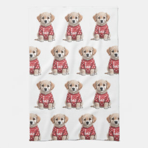 I Love Dad Cute Puppy Dog with Paw Prints Tea Towel
