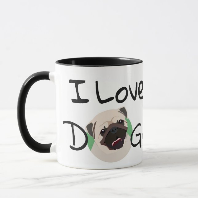 I Love Dogs Pug Cartoon and Heart Mug (Left)