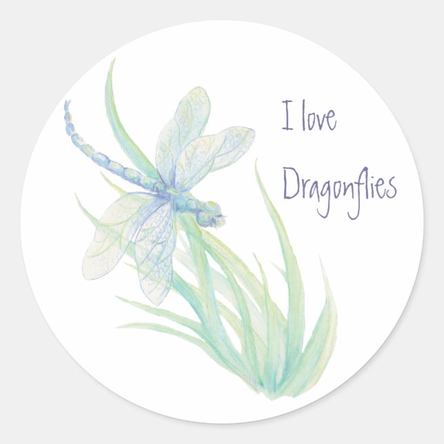 I love  Dragonflies in Blue and Green Classic Round Sticker (Front)