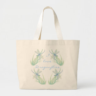 I love Dragonflies in Blue and Green Watercolor Large Tote Bag