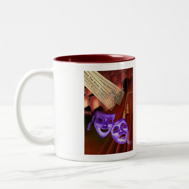 I Love Drama with drama masks on back Two-Tone Coffee Mug (Left)