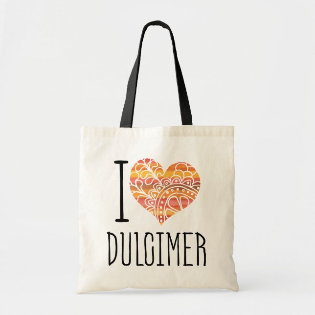 I Love Dulcimer Orange Mandala Heart Tote Bag (Front)