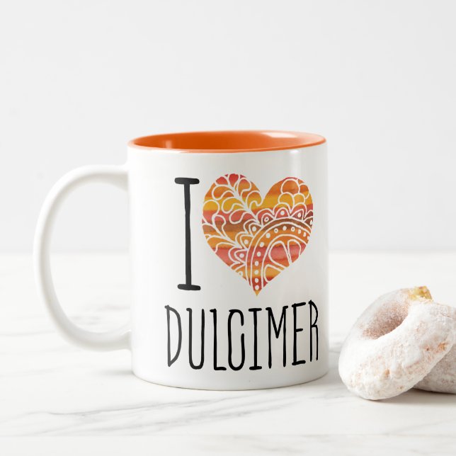 I Love Dulcimer Orange Mandala Heart Two-Tone Coffee Mug (With Donut)