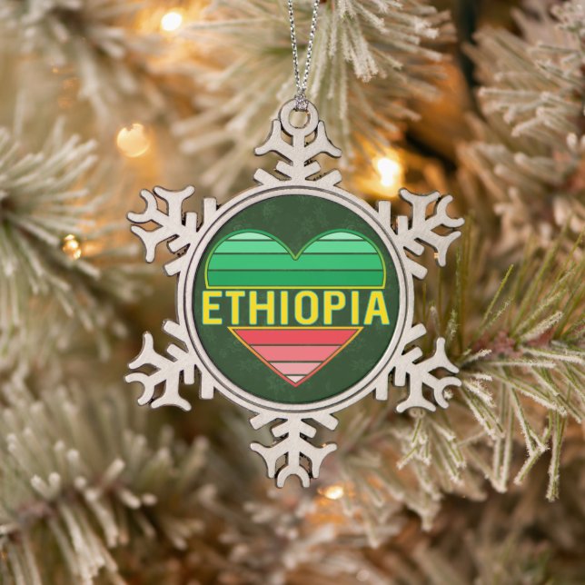 I Love Ethiopia, Ethiopian Heart Snowflake Pewter Christmas Ornament (Tree)