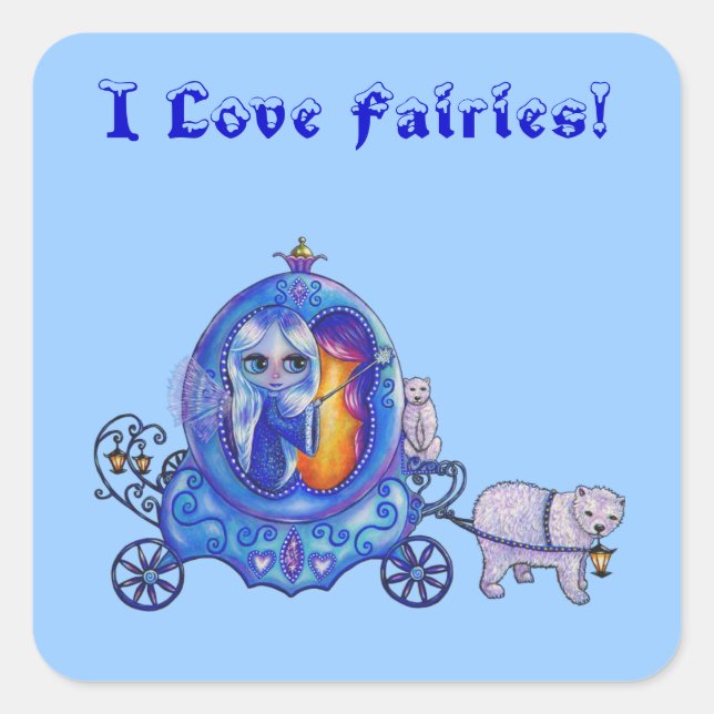 I Love Fairies! Fairy, Bubble Carriage, Polar Bear Square Sticker (Front)