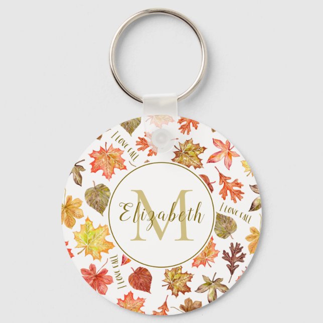 "I love fall" colourful autumn leaves personalised Key Ring (Front)