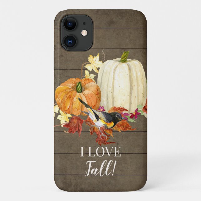 I Love Fall Leaves Bird Pumpkins Rustic Barn Wood Case-Mate iPhone Case (Back)