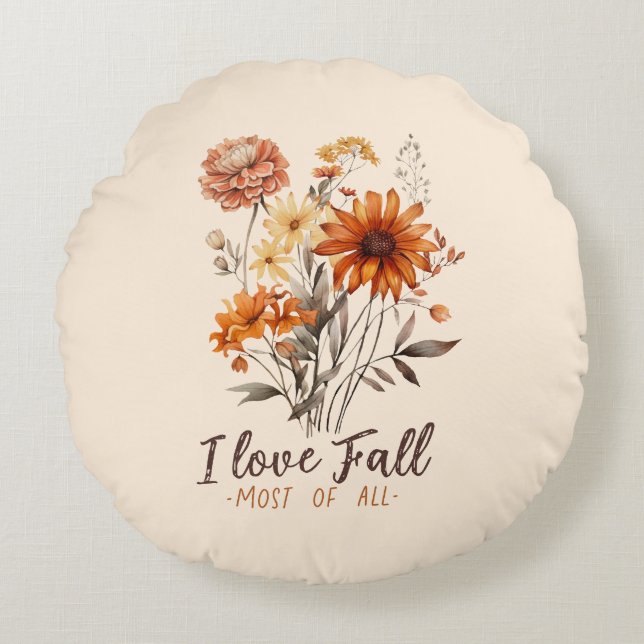 I Love Fall Most of All – Autumn Foliage Round Cushion (Front)