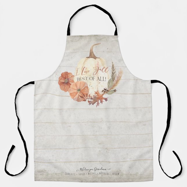 I Love Fall Pumpkin Grandma Watercolor Rustic Wood Apron (Front)