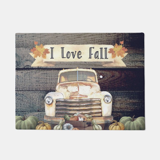 I Love Fall Rustic Truck and Autumn Leaves Doormat (Front)