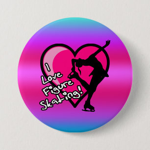 I love figure skating button, on pink & purple 7.5 cm round badge
